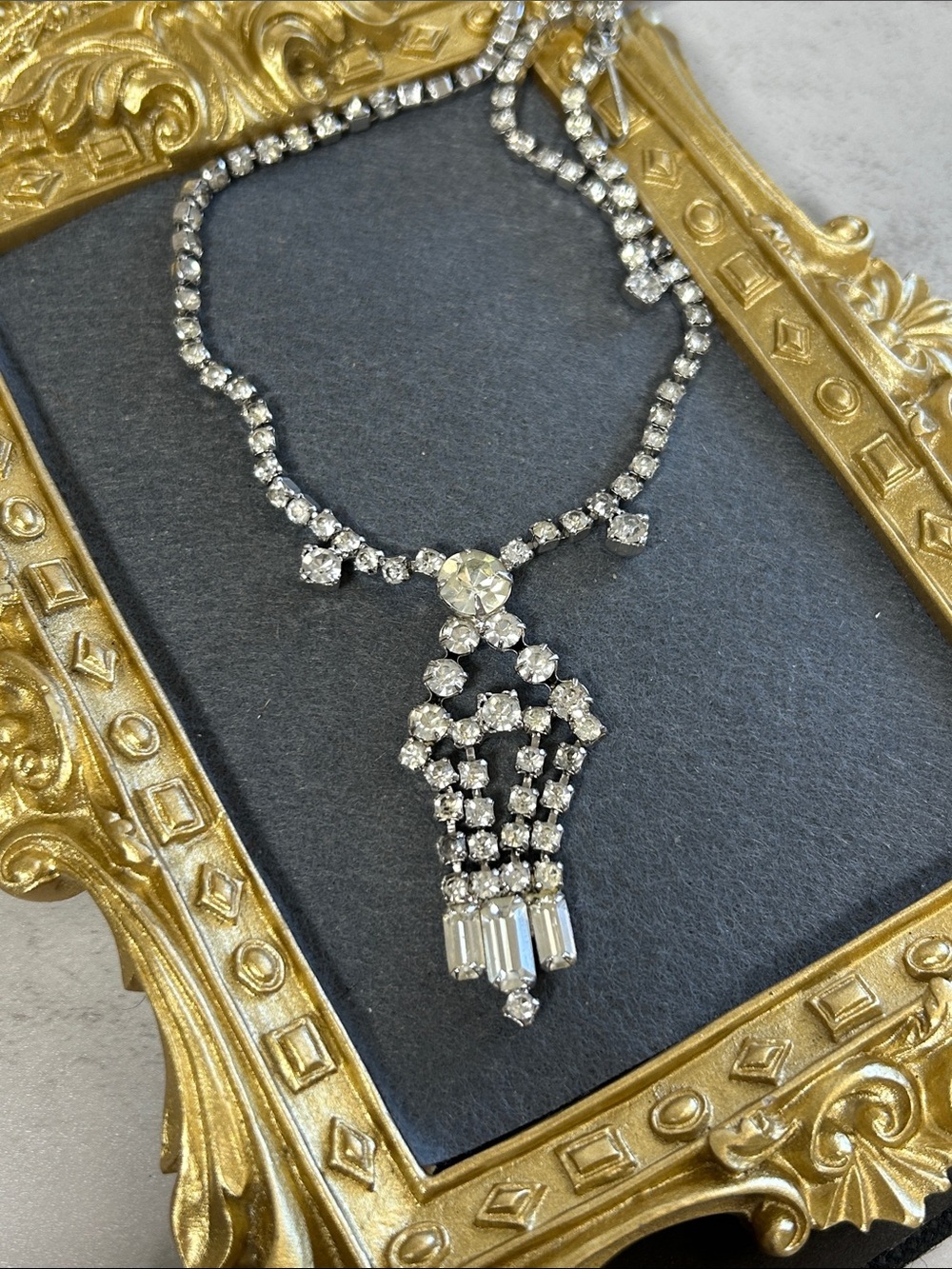 Vintage Crystal Tassel Pendant Necklace - Silver Tone